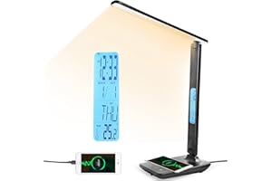 YAMYONE Lampa biurkowa LED z bezprzewodową ładowarką i portem ładowania USB, 3 kolory, 5 jasności, ściemniana, przyjazna dla oczu lampa stołowa z lampką nocną, ekran LCD, zegar temperatury, regulator