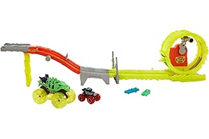 Hot Wheels Monster Trucks Power Smashers Race & chase challenge, Pista para coches de juguete que incluye vehículos Skelesaurus y Bone Shaker, regalo para niños y niñas +4 años, HYT07