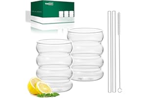 twoant Lot de 2 verres à boire nervurés avec pailles Verre a Eau Soda Cocktail Transparent à Soft Drink Jus Gobelet
