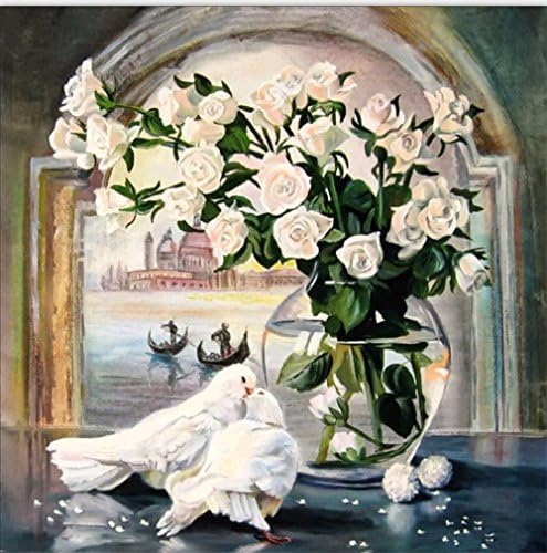 5D Diamond Painting Kit DIY Rhinestone Embroidery Cross Stitch Arts Craft For Home Wall Decors 11.8*11.8 inch (30*30cm) White Rose Pigeons