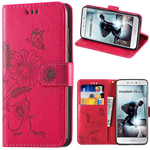Cover Huawei P8 Lite 2017, kazineer Cover P8 Lite 2017 Flip Caso in pelle Modello Fiore Portafoglio Custodia per Huawei P8 Lite 2017 (Rosa Rossa)