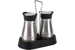 HZPZPP Salt and Pepper Sets,Salt and Pepper Shakers Sets with Holder,Set of 2 Stainless Steel and Glass Bottle Stainless Steel,Salt Shaker Dispenser for Cooking, BBQ (Silver)