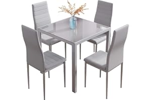 Jooli Glass Table and Chairs Set 4, 75cm Square Table with 4 Faux Leather High Back Chairs Modern Dining Room Sets for Home Kitchen Office, Grey