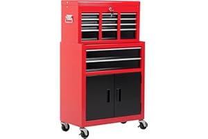 HOMCOM Tool Chest, Metal Tool Cabinet on Wheels with 6 Drawers, Pegboard, Top Chest and Roller Cabinet Combo, 61.6 x 33 x 108cm, Red and Black