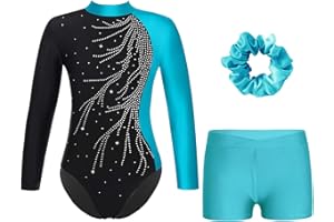 Alvivi Dziewczęcy strój gimnastyczny, brokatowy strój gimnastyczny z krótkimi spodniami, opaska na włosy, z długim rękawem, trykot gimnastyczny, strój do tańca