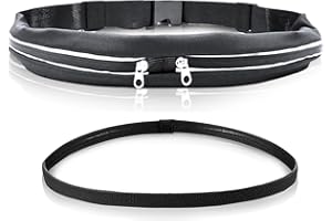 MEMOFYND 1 cinturón para correr con banda elástica ajustable, 1 diadema deportiva, impermeable, reflectante, riñonera para mujer y hombre, bolsillos para teléfono móvil para correr, caminar, viajar (negro),