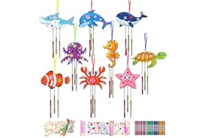 CYCLYTE 9Pcs Bricolage Carillon à Vent, Animaux Marins Artisanat en Bois à Peindre Décoration Suspendue DIY Activité Manuelle pour Enfants Loisirs Créatifs Cadeau Anniversaire Fête