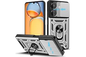 Loyhee Funda para Xiaomi Redmi 13C / Poco C65 4G (6.74"), Protección de la Cámara Carcasa con Cubierta de Cámara Deslizante y Soporte de Anill PC Dura y TPU Silicone Anti-Choque Case – Plata