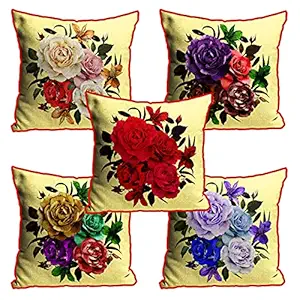 DreamVio Jute Fabric Printed Decorative Throw/Pillow Covers, Cushion Covers for Living Room, Bed Room, Sofa,Chairs Pack/Set of 5 Multi Flowers (Multicolour, Size 24 x 24 Inches) Style 9