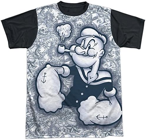 Popeye Tattooed Sailor Mens Sublimation Shirt with Black Back (White, XXX-Large)