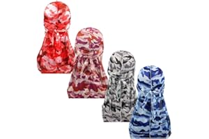 Treer 4pcs Silk Durag for Men Women, Long Tail Durag Headwraps Unisex Sport Cap Pirate Bandanas Turban for 360 Waves, Camouflage print