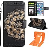 iphone SE Hülle,Ledertasche für iphone 5s,Ekakashop Retro Schwarz Die Hälfte Blume Muster PU Leder Wallet Case Schutzhülle Klapptasche Etui Bookstyle Flip Schale Weichen Silikon Magnetverschluß mit Standfunktion Kartenfächer PU Leder Wallet Case für Apple iphone SE / 5S / 5 + 1x Kostenlos Ständer (Farbe zufällig)