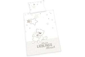 Herding BABY BEST Set di Biancheria da Letto Reversibile, Lieblingsmensch, Federa 40 x 60 cm, Copripiumino 100 x 135 cm, Cotone/Flanella, Bianco/Crema