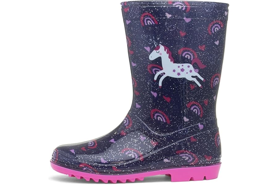 Shoe Zone - Girls Blue Glitter Unicorn & Rainbows Welly