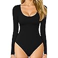 MANGOPOP Women's Scoop Neck Long Sleeve Stretchy Basic Bodysuit Jumpsuits