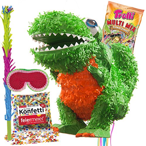 PINATA-SET: Pinata Süßer T-Rex Dino + Schläger + Maske + Trolli Süßigkeiten-Füllung + Konfetti – PARTYMARTY GMBH® - 2
