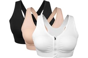 VEQSKING 3 Pack Women's Sports Bra Zip Front Non Wired Comfy Post Surgery Bra with Removable Pads