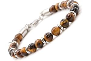 OMI CREATIVE CONCEPT Bracciale Uomo Acciaio - Bracciale Donna Acciaio - Unisex, Sfere Colorate 6 mm, Lunghezza 18+3 cm - Pietre Rondelle e Dadini Sfaccettati - Nero Turchese Lapislazzuli Occhio di Tigre