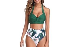 heekpek Bikinis Mujer Push Up Conjunto Bikini Talle Alto Flores Estampado Bikinis Brasileños Retro Halter Bikini de Cintura Alta de Dos Piezas