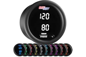 GlowShift 10 Color Digital Dual Temperature & Pressure Gauge Kit - for Boost, Oil PSI, Water Coolant & Transmission Temp - Includes 1/8-27 NPT Electronic Sensors & Wiring - Multi-Color Display - 52mm