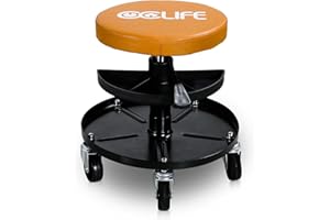 CCLIFE Tabouret d'atelier à roulettes Max.150 kg avec 2 Plateaux Range Outils Tabouret de Travail Réglable en Hauteur 38-50 cm Orange