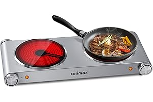 ‎CUSIMAX CUSIMAX Infrarot kochplatte 2er elektrisch herdplatte aus Glaskeramik Tragbares doppel kochfelder 1200W+1200W mit Temperaturregelung für Outdoor/Indoor Use, für alle Topfarten, Silber Edelstahl