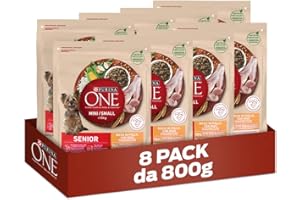 Purina One Mini, Senior 8+ Crocchette Cani Anziani inferiori a 10 kg di Piccola taglia, Ricco in Pollo con Riso, 8 Confezioni da 800 g