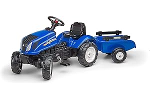 FALK Foglia Trattore a Pedali New Holland con rimorchio-da 2 Anni-Made in France-Cofano apribile-Volante con clacson-3080AB, Multicolore, L, 3080AB