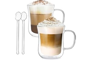 JOEYAN Lot de 2 Verres à Double Paroi 250ml - Verres à Cappuccino avec Poignée - Tasse à Café en Verre Borosilicate pour Thé, Lattes, Jus et Eau - Cuillères en Verre Incluses