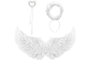 MOIUGULI Engelsflügel Weiß, Engel Kostüm Damen Engelsflügel mit Heiligenschein Engel Feenzauberstäbe Engel Kostüm Mädchen Kinder Engelsflügel Flügel Halloween Karneval Feenflügel Kinder Feder Flügel