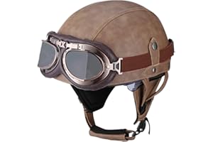 Woljay Vintage Leather Motorcycle Retro Half Helmet Men Women Adult for Scooter Bike Cruiser with Goggles and Drop Down Sun Lens