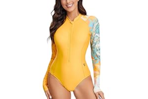 HUGE SPORTS One-Piece Rash Guard Swimsuit for Women Sun Protection Long Sleeve Bathing Suit with Front Zip Swimming Surfing Swimwear