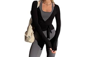 FELCIA Women's Y2k Ballet Wrap Top Long Sleeve Deep V Neck Slim Fit Yoga Pilates Ballet Workout Tops