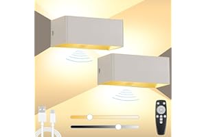 BOBOPAI Cordless Battery Operated Wall Light with Motion Sensor, USB Rechargeable Battery Wall Lamp with Remote Control, Indoor Dimmable LED Wall Sconces with Switch, 6W, 4400mAh, 2 Pack,White