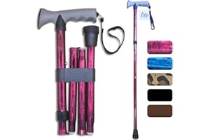 Life Healthcare Walking Stick Comfort Gel Handle For Arthritis, For Elderly Disabled, Folding Adjustable Height, Plain Black, Right Or Left Handed, With Non-Slip Rubber Tip, Wrist Strap, Lightweight