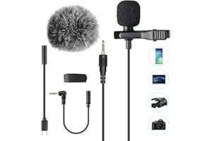 AGPTEK Lavalier Mikrofon, 2m Mini Omnidirectional Kondensator mit 2 Transformation und Type C Adapter und Windschutz für Interview, Videokonferenz, Podcast, Diktat usw.