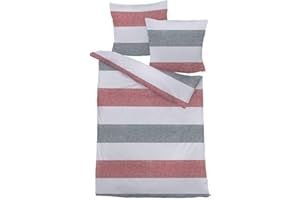 ‎TRAUMSCHLAF Traumschlaf Biber Bettwäsche mit Streifen rot kuschelig weiche Made in Germany Qualität mit Reißverschluss 135x200 cm + 80x80 cm