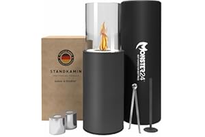 ‎MONSTER24 Round free-standing bio-ethanol fireplace 80.5 x 26.5 x 26.5 cm, beautiful flame play for indoors or outdoors, floor fireplace, patio fire, lantern, garden torch, balcony, glass fire basket.