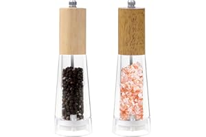 ManGotree Molinillo de Sal y Pimienta Premium, Molinillo de Pimienta Recargable, Molinillo Profesional para Especias, Esencial de Cocina Premium, 7.5 Pulgadas, 2 Paquete (Natural + Nogal)