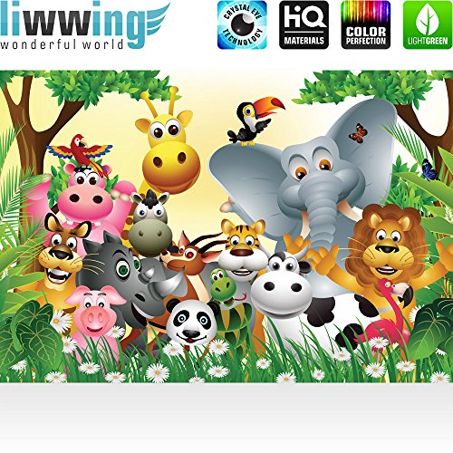 Vlies Fototapete 350×245 cm PREMIUM PLUS Wand Foto Tapete Wand Bild Vliestapete – JUNGLE ANIMALS PARTY – Kinderzimmer Kindertapete Dschungel Zoo Tiere Giraffe Löwe Affe – no. 013 - 2