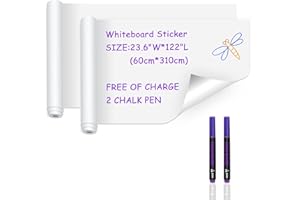 Ezigoo Whiteboard Paper Sticker Adhesive Chalkboard Paper Roll Removable Memo White Board Wall Decal Film for Home Kitchen Office School Memo - 2 Roll with 2 Chalk Marker Pens - 60cm x 310cm