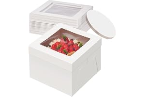 Hengrongshen 10 Pack Cajas para Tartas, 25,4 x 25,4 x 20,3cm Caja de Cartón Blanca Con Ventana y 10 Bandejas Redondas