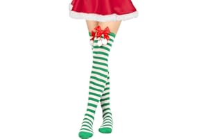 LXONTSG Rodilla Calcetines Navideño, 1 Pares Medias Fiesta Navideño, Calcetines Largos Navideño, Largos Rayado Calcetines, Navidad Largas Medias, sobre Rodilla Medias, para Niñas y Mujeres (Verde Blanco)