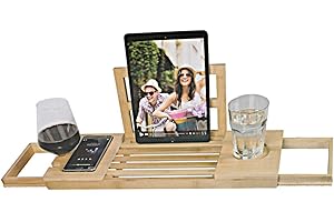 BUBBLE-STORE Ausziehbare Badewannenablage mit Halterung aus Bambus, stabil, für Getränke, Kerzen oder runde Gläser, Smartphone, Buch- oder I-Pad-Stütze