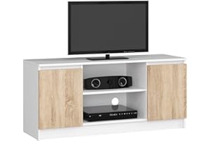 AKORD | Mobile per TV in Legno K 120 | Mobiletto Porta Televisione Soggiorno | un ripiano aperto | 2 Ripiani con Ante a Sinistra e a Destra | 55 x 120 x 40 cm | Peso 30kg | Bianco/Rovere Sonoma