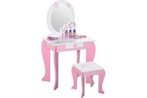 HOMCOM Girls Dressing Table with Mirror, Stool, Kids Dressing Table, Unicorn-Designed Play Toy for Toddles Girls Age 3-6 Years, Acrylic Mirror, Pink and White