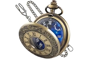 Tiong Montre de poche à quartz creuse bleue avec chiffres romains et chaîne - Cadeau de Noël ou d'anniversaire pour homme et femme