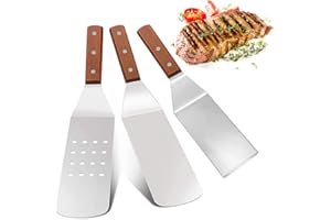 YANJIY Set of 3 Spatula Stainless Steel Set, Barbecue Turner Set Stainless Steel, Barbecue Turner Wooden Handle, Spatula Metal, Non-Stick, Anti-Rust, Wooden Handle, for Barbecue, Kitchen, Outdoor, Cooking