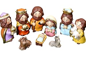 POMUROM Weihnachtskrippe Set mit figuren, 10 Stück Jesus Krippe Figuren Statue, Krippenfiguren Harz, Weihnachtskrippe Figuren Tischkrippen, Krippenfiguren für Kinder Büro Kirche Schule Weihnachten Dekoration