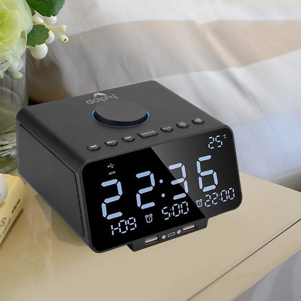 Dock Station Dual Alarm Clock, FM Radio, LED Display, Wireless Bluetooth Player, Support Hands-Free Call, TF-Card, USB Port,Nap/Sleep Timer,Day/Date Display with Dimming